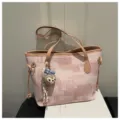 Pink patterned bucket shoulder bag with cute charm, stylish casual tote handbag for women. - With Charm / Pink