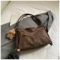 Brown retro tote shoulder bag with contrast stitching and bear charm accessory style sku - Style With Charm / Coffee