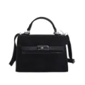 Sac a main noir en suede classique poignee superieure style Kelly chic pour femme - Sans Pendentif / Noir