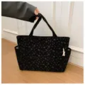 Schwarze Kord-Tragetasche mit Schleifen-Druck, große lässige Schultertasche für Damen. - Schleife Schwarz