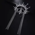Silver rhinestone sunburst halo crown with long tassel chains for festival party hair accessories. - Silver White Rhinestone