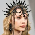 Stunning black crystal halo crown spiked tiara with crystal drapes for festival party. - Gunmetal Black with Black Rhinestone