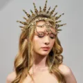 Luxury gold crystal sunburst halo crown festival headpiece bridal rhinestone hair accessories - Gold Yellow Rhinestone