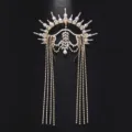 Goddess halo rhinestone tassel crown headpiece, golden festival party hair accessories. - Gold White Rhinestone