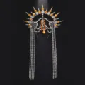 Exquisite rhinestone sunburst tiara with long crystal fringe for festival party hair accessories. - Silver Yellow Stone