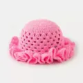 Pink crochet hollow bucket hat detail, handmade knit sun hat texture close up view. - L (58-60cm) / Pink