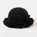 Black crochet hollow-out knit hat detail with delicate ruffled brim and breathable texture. - L (58-60cm) / Black
