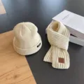Beige knitted beanie hat and scarf set, warm winter wool warm hat fashion daily wear accessory. - Off White