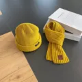 Yellow knitted beanie hat and scarf set for autumn and winter, cozy warm woolen accessories - Yellow