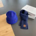 Knitted winter beanie and warm scarf set for women and men, casual thick wool material blue. - Blue