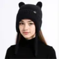 Damen warme gestrickte Ohrenklappen Mütze Winter Outdoor winddichte süße Katzenohr Wollmütze - Schwarz