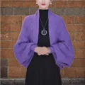 Purple knitted cardigan shawl for women, autumn winter cozy outerwear open front sweater. - Purple