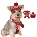 Gedetailleerd overzicht van huisdier met rode Scandinavische gebreide kerstmuts set. - S / Hondenhut sneeuwvlokset - rood