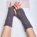 Grey knitted fingerless gloves cable knit arm warmers for women men winter cozy style - One Size / Dark Gray