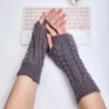 Grey knit fingerless gloves for autumn and winter, cozy cable knit arm warmers and wrist sleeves. - One Size / Light Gray