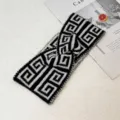 Korean retro black and white geometric knitted crossover headband, elegant fall winter hair accessory. - Black