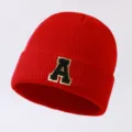 Red knitted beanie hat for winter, warm fashion cap with letter A patch for men and women. - Letter A
