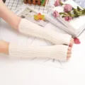 Women knitted arm warmers winter warm long fingerless gloves solid color thumb hole sleeves - One Size / White