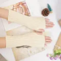 Beige knitted arm warmers fingerless gloves soft cozy daily winter sun protection sleeves - One Size / New Off-White