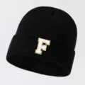 Black knit beanie hat for women men, stylish winter warm cap with letter F patch variant. - Adjustable / Letter F / Black