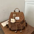 Brown corduroy backpack for women, cute heart bow print, casual school bookbag daily. - With Pendant / Khaki