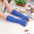 Blue knitted arm warmers for women, long fingerless sleeves, spring outdoor sun protection. - One Size / Blue