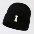 Black knit beanie hat with white letter patch, stylish winter warm casual cap for unisex wear - Adjustable / Letter I / Black