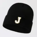 Black knitted beanie hat with white and gold glitter letter J patch for men and women. - Adjustable / Letter J / Black
