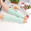 Mint green knitted arm warmers, ribbed long fingerless sleeves for women spring and summer. - One Size / Sky Blue