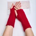 Red knitted fingerless gloves winter warm cable-knit arm warmers for men and women - One Size / Burgundy