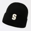 Black knit beanie with white gold glitter letter S patch, warm winter streetwear cap for men and women. - Adjustable / Letter S / Black