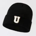 Black knit beanie hat with white letter U patch, stylish winter warm casual cap for unisex. - Adjustable / Letter U / Black