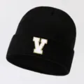 Stylish black knit beanie hat featuring a chic white and gold letter V patch for adults. - Adjustable / Letter V / Black