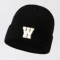Black knit beanie hat with white and gold glitter letter W patch for men and women stylish. - Adjustable / Letter W / Black