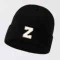 Black knit beanie hat with white letter Z patch, winter warm streetwear fashion cap for unisex. - Adjustable / Letter Z / Black