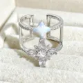 Silver double layer star ring with sparkling cubic zirconia and blue enamel detail. - Double Star Style (JZ0093A)