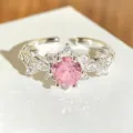 Korean style shiny pink zirconia open ring sweet floral Y2K adjustable silver ring - Adjustable Open / Flower Style (JZ0106A)