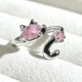 Sweet girl style open ring detail view, featuring cute cat and star pink crystal design. - Pink Cat Star (JZ1973A) / Silver