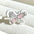 Sweet butterfly enamel ring with pink and clear cubic zirconia stones detail shot. - Adjustable Open / Butterfly Style with Pink and White Zirconia (JZ2270A) / Silver