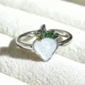 Sweet girl style enamel fruit open ring with cute green leaves and white strawberry design. - Adjustable Open / White Strawberry Fruit with Green Leaf Style (JZ2310A) / Silver