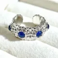Silver open ring with blue stones vintage textured design elegant women finger jewelry - Adjustable Open / Retro Relief Blue Sapphire Style (JZ2422A) / Silver