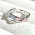 Charming sweet style open ring featuring silver-tone double band with blue and pink stones. - Adjustable Open / Cross Line Inlaid Style (JZ2541A) / Silver
