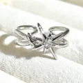 Silver star open ring detail shot, sparkling cubic zirconia, cute sweet style fashion jewelry. - Adjustable Open / 3D Star Double Layer Inlaid Style (JZ2657A) / Silver