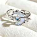 Sweet celestial open ring with a shimmering crescent moon and Saturn design and nice enamel. - Adjustable Open / Crescent Saturn Ring Enamel Style (JZ2935A) / Silver