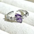 Exquisite detail view of the double purple pear cubic zirconia adjustable silver ring. - Adjustable Open / Double Pear Purple Inlaid Style (JZ3050A) / Silver
