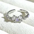 Detailed close-up of a sweet butterfly enamel open ring, featuring sparkling cubic zirconia stones. - Adjustable Open / Light Purple Enamel Butterfly (JZ3235A) / Silver