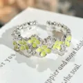 Chic green enamel flower open ring with sparkling zircons, elegant silver plated jewelry for women. - Adjustable Open / Enamel Small Flower Style (JZ1021A)