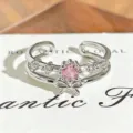 Silver double band open ring detail, featuring a sparkling pink cubic zirconia and cute bow accent. - Double Layer Pink Bowknot Style (JZ2948A) / Adjustable Open