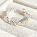Sweet silver open ring featuring yellow enamel daisy flowers for women and girls daily wear - Small Daisy Style (JZ0194A)