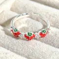 Close-up detail of sweet strawberry enamel open ring with sparkling zirconia stones. - Red Green Strawberry Style (JZ0350A)